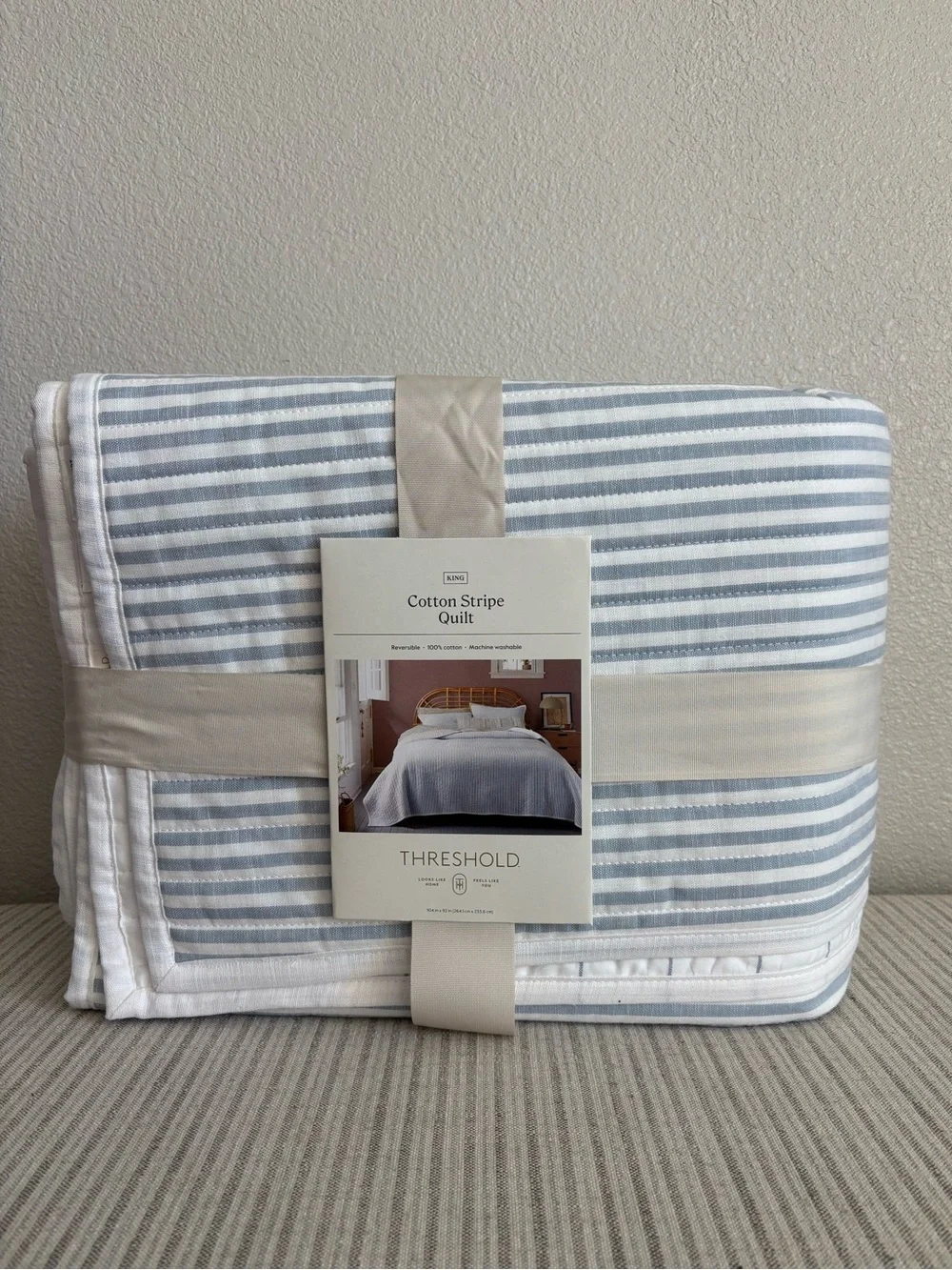 NWT King Reversible Cotton Stripe Quilt Light Blue - Threshold